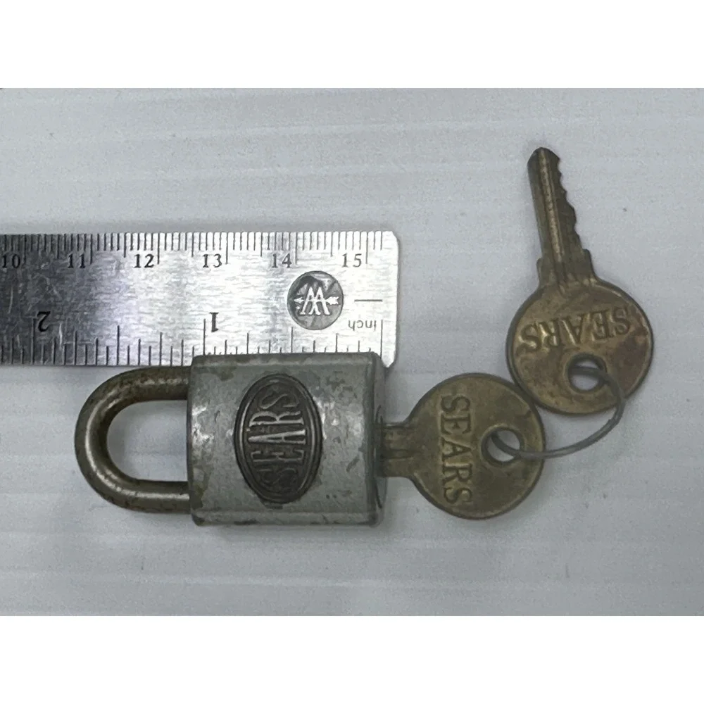 Vintage Oval 3D Badge SEARS Grey Small Padlock 2 Original Keys WORKS Made In USA